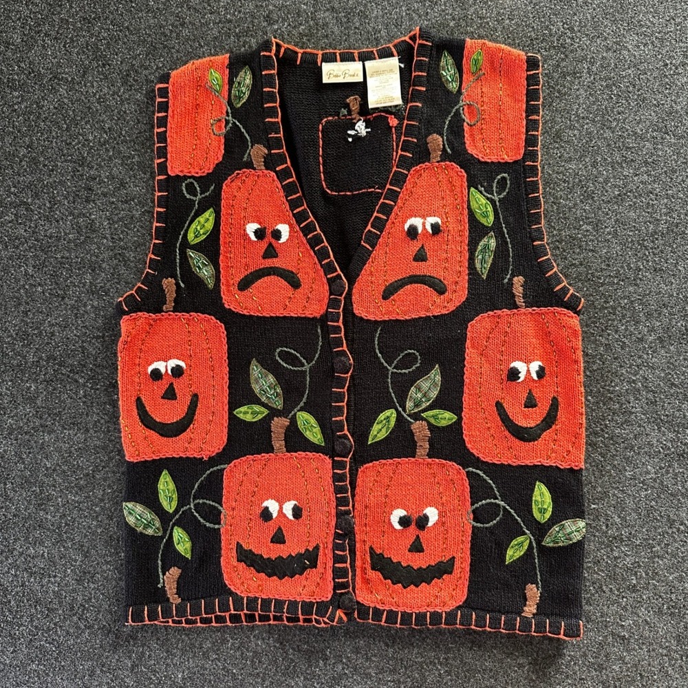 Bobbie Brooks Vintage Halloween Pumpkin Sweater Vest Black Beaded Small BB3F200